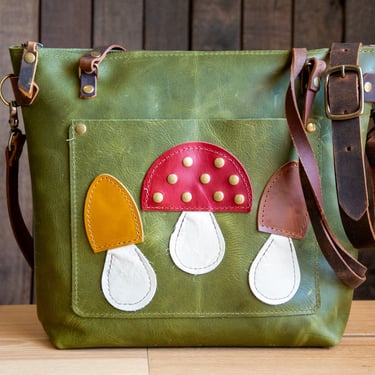 Small Batch | Limited Run Sale | The Small Mushroom Classic Leather Tote Bag in Eco-tanned Green | Five Available 
