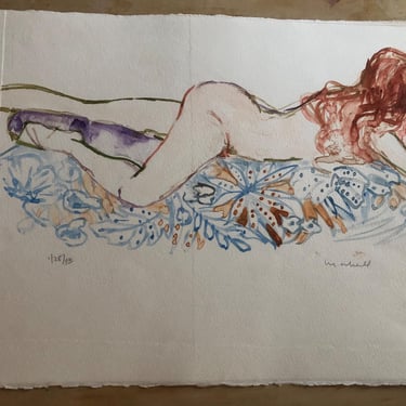 Vintage Figurative Reclining Nude Woman, Watercolor Painting on heavy Rives French paper, signed and dated 1998, LGBTQ gift 