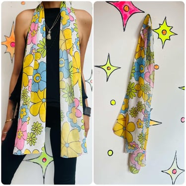 Retro 60s Style Sheer Rainbow Daisy Scarf – Flower Power Groovy Scooby Doo Vibes 