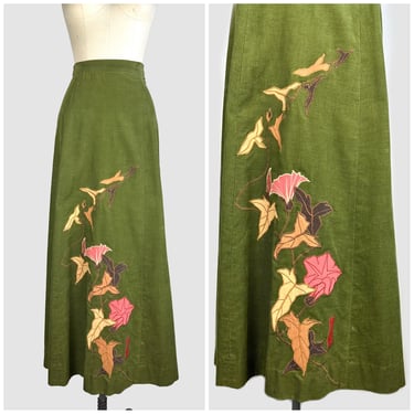 WHITE DUCK WORKSHOP 70s Vintage Maxi Skirt | 1970s Skirt | Made in Berkeley | Green Corduroy Butterfly and Flower Applique | Size X-Small 