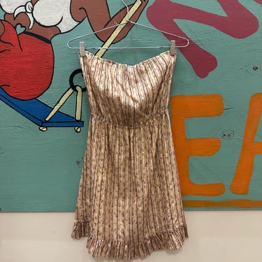 y2k Cynthia Rowley Silk Tube Dress / Cinched Waist Band / Striped / Floral / Tan / Lavender / Pinstripes / 00s / Whimsical / Fairy Tale / S 