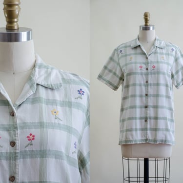 plaid cotton blouse | 90s sage green white floral embroidered country folk short sleeve cotton blouse 