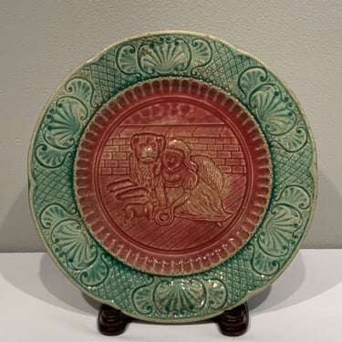 1880-1920 green and red Majolica Plate with a Girl, Dog and Rabbit, decorative collectible plate, french decorative plate, Art Nouveau dish 