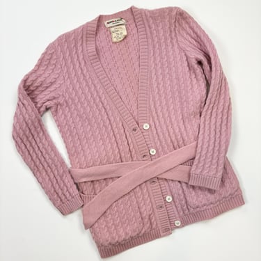 Vintage 1970s Yves Saint Laurent Rive Gauche Pink Lilac Cable Knit Belted Cardigan/70s YSL Sweater S 