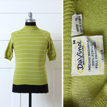 mens vintage 1960s 70s acid green shirt • Da Vinci striped short sleeve acrylic sweater 