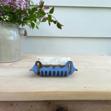 Beautiful rustic charm old French petite  cast iron soap holder in purple blue 