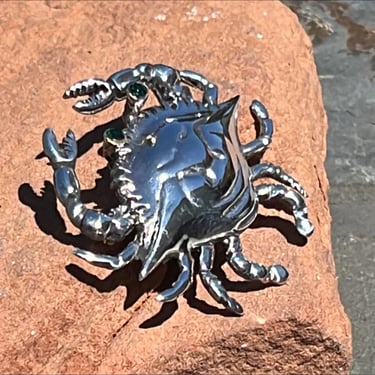 Vintage Large Sterling Silver Blue Crab with Green Eyes Brooch / Pin 