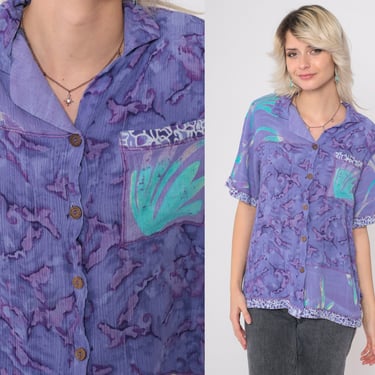 Tie Dye Button Up Shirt 90s Purple Abstract Floral Shirt Retro Psychedelic Short Sleeve Top Collar Vintage 1990s Crinkled Rayon Medium M 
