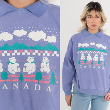 Canada Sweatshirt 90s Purple Teddy Bear Collared Sweatshirt Mountain Forest Heart Graphic Shirt Kawaii Grandma Sweater Vintage 1990s Medium 