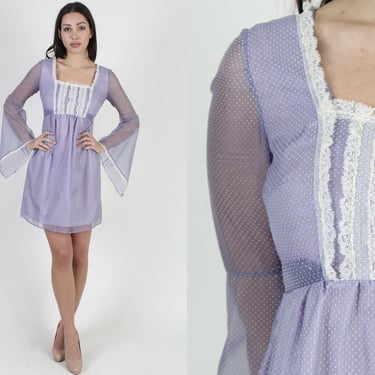 Vintage 70s Medieval Renaissance Dress Angel Sleeve Sheer Lilac Swiss Dot Mini 