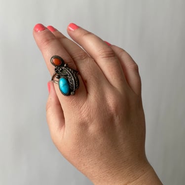 Old Pawn sterling silver Turquoise + coral feather Ring Size 7 7 1/2 