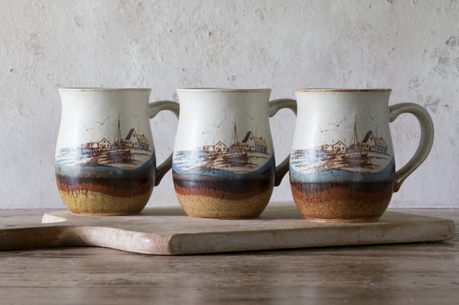 Set of THREE Otagiri Stoneware Mugs, Otagiri Sailboats, Seagulls, Nautical Mugs, Coffee Cups 
