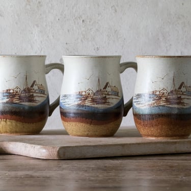 Set of THREE Otagiri Stoneware Mugs, Otagiri Sailboats, Seagulls, Nautical Mugs, Coffee Cups 