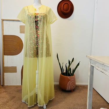 Vintage Yellow 70s Sheer Lace Trim Silky Bows Lingerie Robe 