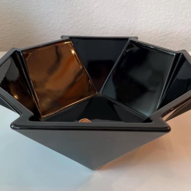 Fostoria Art Deco Glass Console Bowl Black | Geometric Shaped Black Bowl | George Sakier Glass Black Bowl | Fostoria #2402 