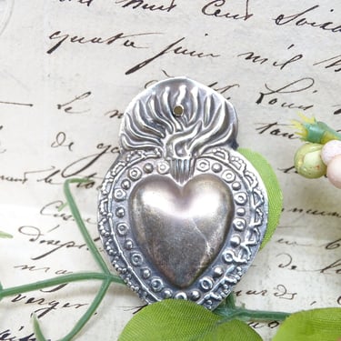 Small 1 3/4 Vintage Silvered Ex Voto, Sacred Heart of Jesus Milagro from Latin America 