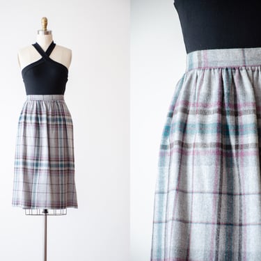 plaid wool skirt | 70s 80s vintage gray purple teal plaid dark academia knee length pencil skirt 