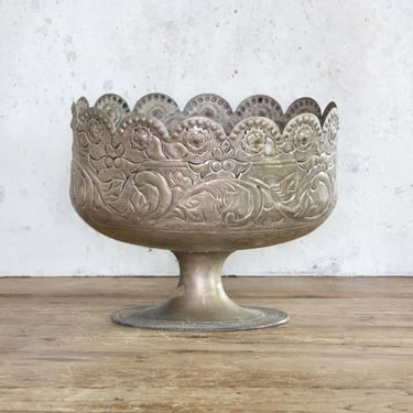 Metal Pedestal Bowl, Ornate Indian Repousse Compote Centerpiece Vessel, Fruit Bowl, Planter Pot 