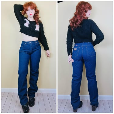 1990s Vintage Wrangler Dark Wash Denim Pants / 90s High Waisted Cotton Bootcut Retro Jeans / Size Large 