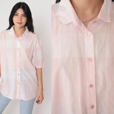 Baby Pink Plaid Blouse 90s Button Up Shirt Short Sleeve Top White Checkered Print Retro Preppy Casual Summer Vintage 1990s Extra Large xl 