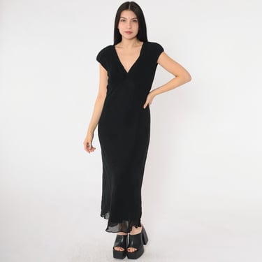 Vintage Black Silk Beaded Dress 90s Evening Gown Deep V Neck Party Cap Sleeve Chiffon Y2K Formal Night Out Midi Ankle Length Medium 10 
