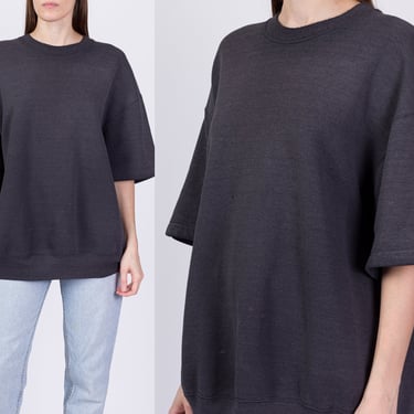 80s Faded Black Oversize Sweatshirt Top - Unisex XL | Vintage Crew Neck Short Sleeve Plain Grunge Pullover 