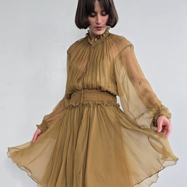 Chloe Mustard Ruffled Silk Dress (M)