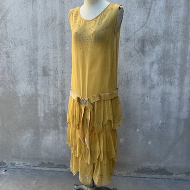 Antique 1920s Yellow Silk Chiffon Dress Tiered Petal Ruffles Rhinestones Vintage
