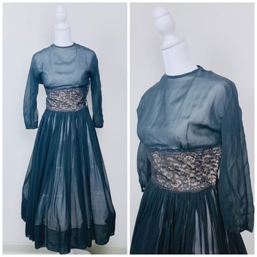 1950s Marji Low Black Sheer Fit and Flare Dress / 50s Black Lace 3/4 Length Sleeve Gown / Size Small 