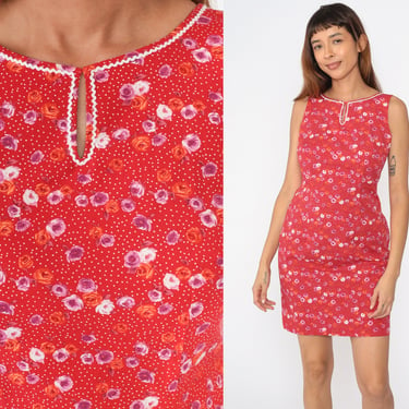 90s Floral Dress Red Ric-Rac Trim Mini Sleeveless Sheath Dress 1990s Keyhole Neck Polka Dot Cutout Vintage Summer Sundress Small 4 