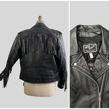 BIKER ESSENTIAL Vintage 80's 90s Wild Rider Fringe Jacket | 1980s 1990s Black Leather Motorcycle Jacket | Moto Biker Rocker | Men's Size M/L 