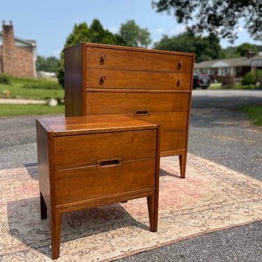 Midcentury Modern Walnut Tallboy Dresser & Matching Ottoman from United Furnitue Co.