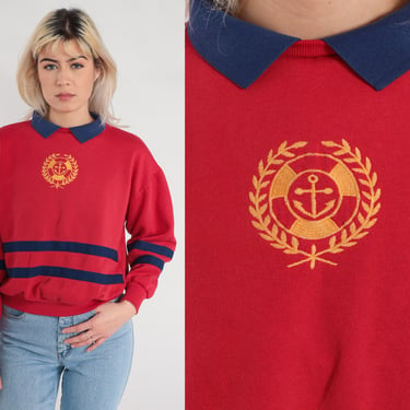Red Anchor Sweatshirt 90s Nautical Collared Sweatshirt Blue Striped Pullover Polo Sweater Sailing Crest Graphic Retro Vintage 1990s Small S 