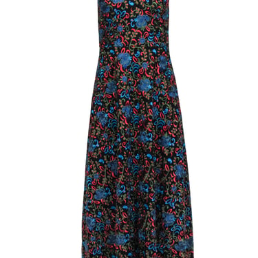 Monique Lhuillier - Black w/ Blue, Red &amp; Green Floral Embroidery Midi Dress Sz 2