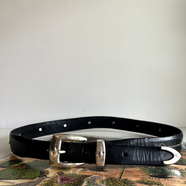 Brighton 90s Worn in Distressed Black Genuine Leather Chunky Silver Buckle Belt - L 