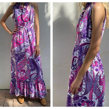 1960's Maxi Dress / Cotton Pink and Purple Swirly Paisley Print / Sixties Mod Resort Dress / Resortwear / Vacation Dress  / Twiggy 