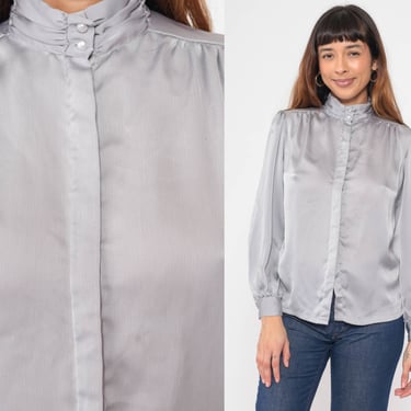 Silver Grey Blouse 80s Puff Sleeve Top Pearl Button up Shirt Mock Neck Retro Collared Secretary Blouse Preppy Vintage 1980s Medium 
