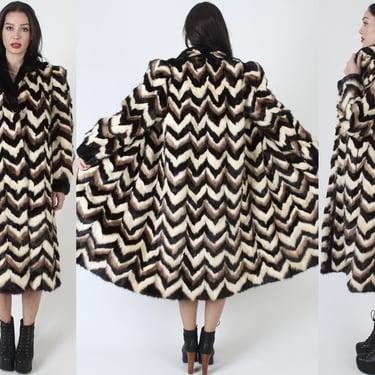 Full Length Real Patchwork Mink Coat, Vintage Chevron Print Blonde Fur Jacket, Luxurious Avant Garde Overcoat With Pockets 