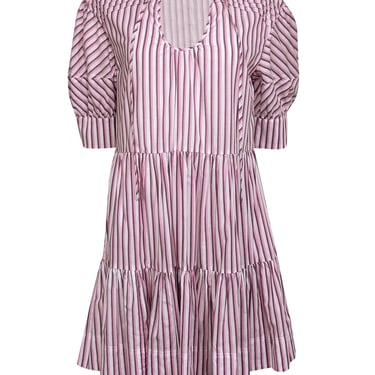 Tanya Taylor - White & Pink Striped Short Sleeve Babydoll Dress Sz S