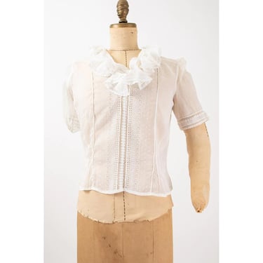 1930s cotton voile embroidered lace blouse / 1930s sheer white button back top / M 