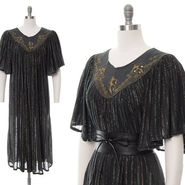 Vintage 1970s Dress | 70s Metallic Rainbow Lurex Black Cotton Gauze Trapeze Angel Sleeve Embroidered Cutwork Flowy Boho Midi (small-xl) 