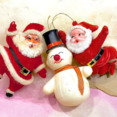 VINTAGE: 3pcs - Flocked Santas and Snowman - Crafts - Made in Japan - Holiday, Christmas, Xmas 