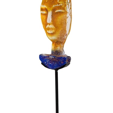 Kosta Boda Style Artist Signed Cast Art Glass Face on Stand Vintage Mid Century 