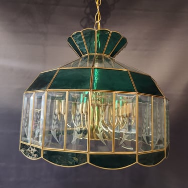 Contemporary Beveled Glass Pendant Light with Green Stained Glass 18
