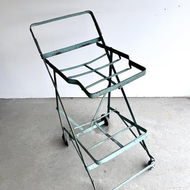 Antique Green Metal Shopping Cart Grocery Cart Baskets Folding Industrial Vintage Wheels Casters Bar Cart Side Table Steel Rolling Cart 