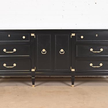 Heritage French Regency Louis XVI Black Lacquered Triple Dresser or Credenza, Newly Refinished