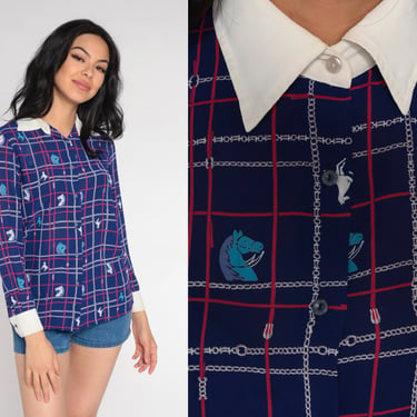 Horse Print Shirt 80s Navy Blue Button Up Blouse Retro Checkered Chain Print Top Long Sleeve Horses Pattern Collared Vintage 1980s Small S 