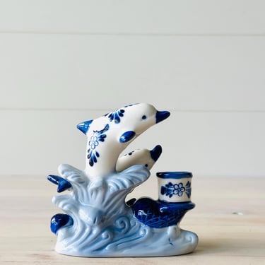 1960’s Blue Delft Deco 4 Inch Tall Hand Made / Hand Painted Hand Made Ceramic Small Candle Holder 