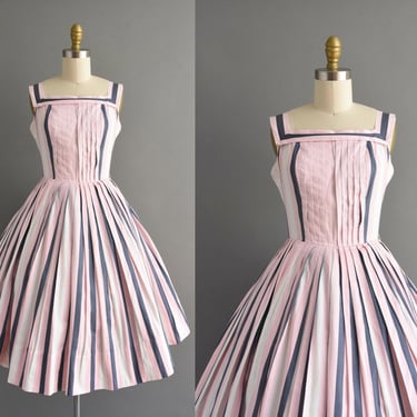 1950s dress | Jr. Claire Pink & Blue Stripe Print Sweeping Full Skirt Cotton Summer Dress | XS Small | 50s vintage dress 