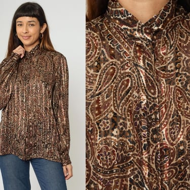 Vintage Paisley Shirt 80s Metallic Puff Sleeve Blouse Semi-Sheer High Collar Button Up Shirt Long Sleeve Top Boho 1980s Secretary Large 